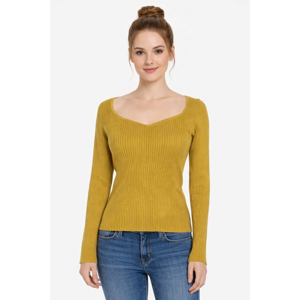 Marine Layer Women XS Cassandra Ribbed Sweater Top Yellow Square Neck Bamboo Y2K